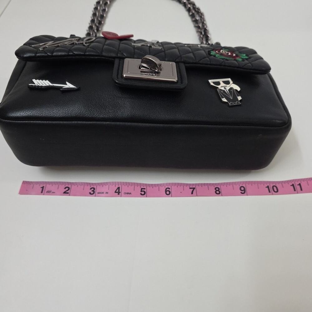 Karl Lagerfeld Paris Quilted Shoulder Bag Black Leather Chain Strap Patch Purse - Picture 8 of 12